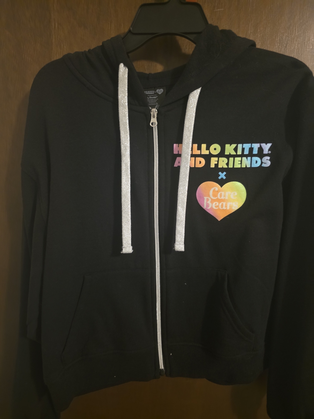 Hello Kitty/ Care Bears Black Zip-Up Hoodie with Rainbow Logo